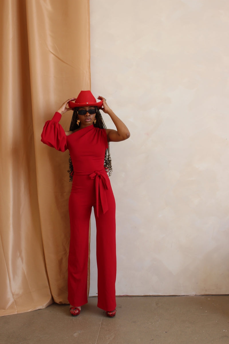Red One Shoulder Balloon Sleeve Jumpsuit