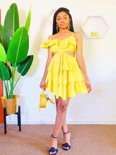 Ruffle Me Up- Yellow Ruffle Dress - AlamodBoutique