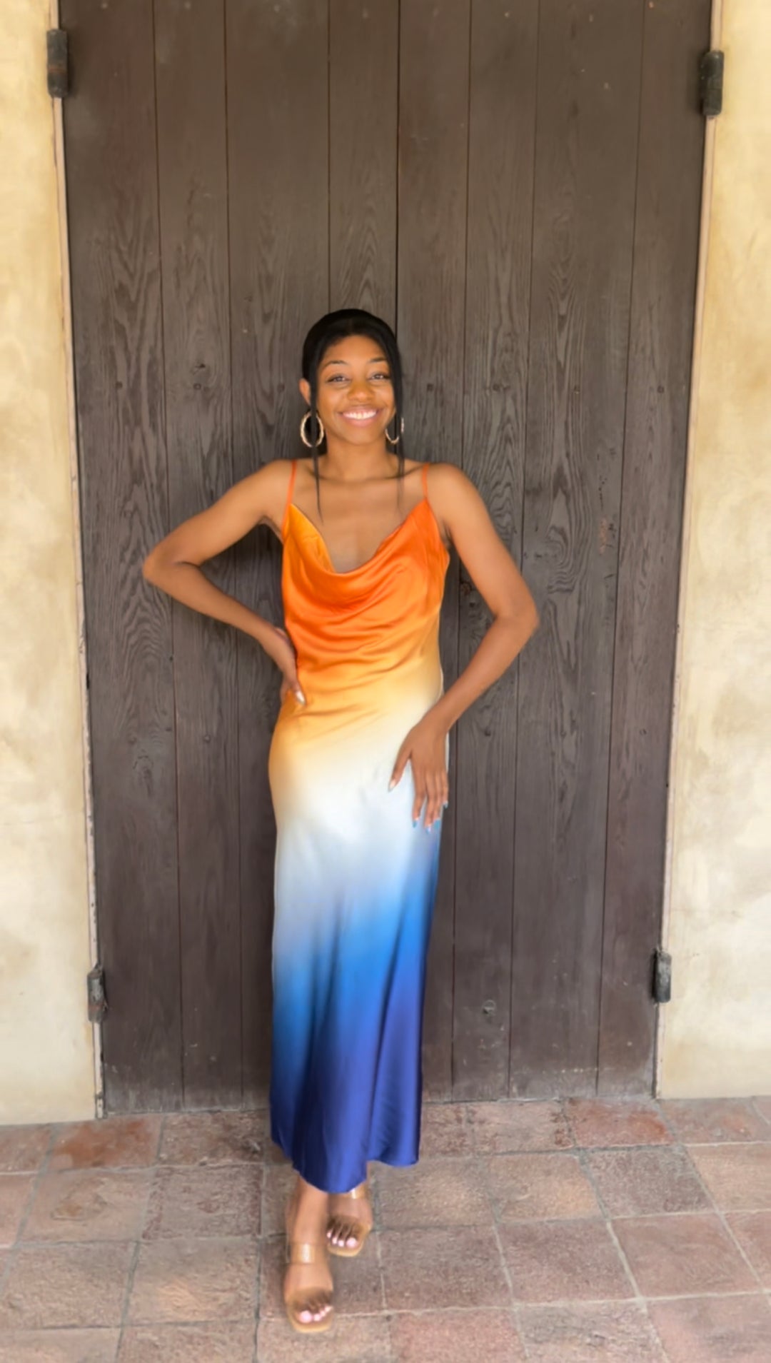 sunset ombre dress Natalia Maxi Draped ruched midi dress Sunset ombre print V neckline Wailea Sunset Ombre Maxi Dress
